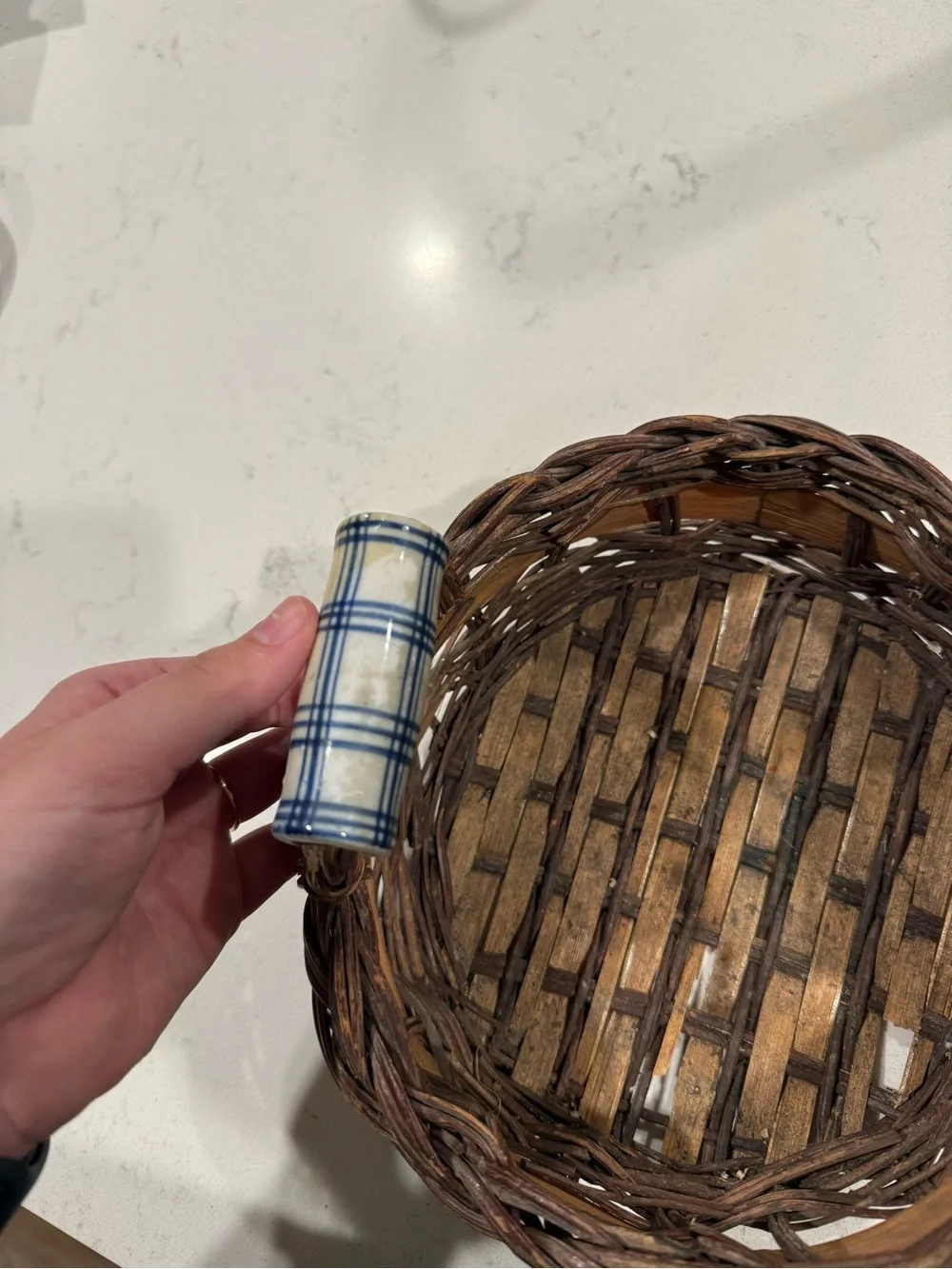 Vintage Wicker Basket with Yellow Floral Accent and Ceramic Handles